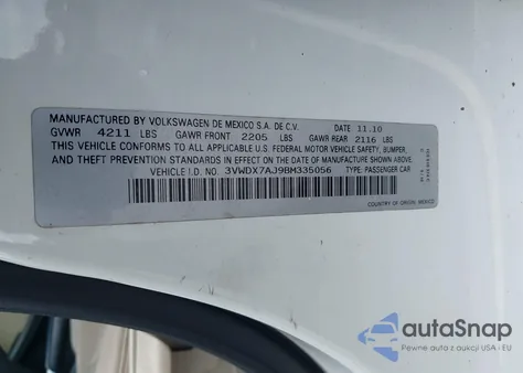 2011 Volkswagen Jetta 2.5L Se z USA, uszkodzony, nr VIN 3VWDX7AJ9BM335056